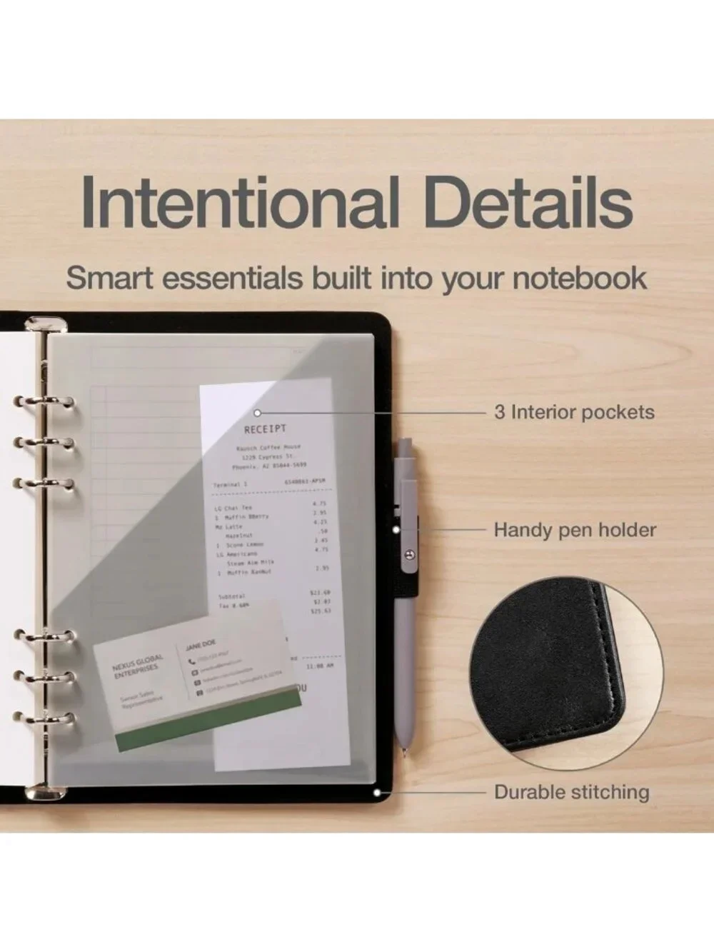 Professional 6-Ring Refillable Notebook, 7x9 Inch Writing Journal, Faux Leather